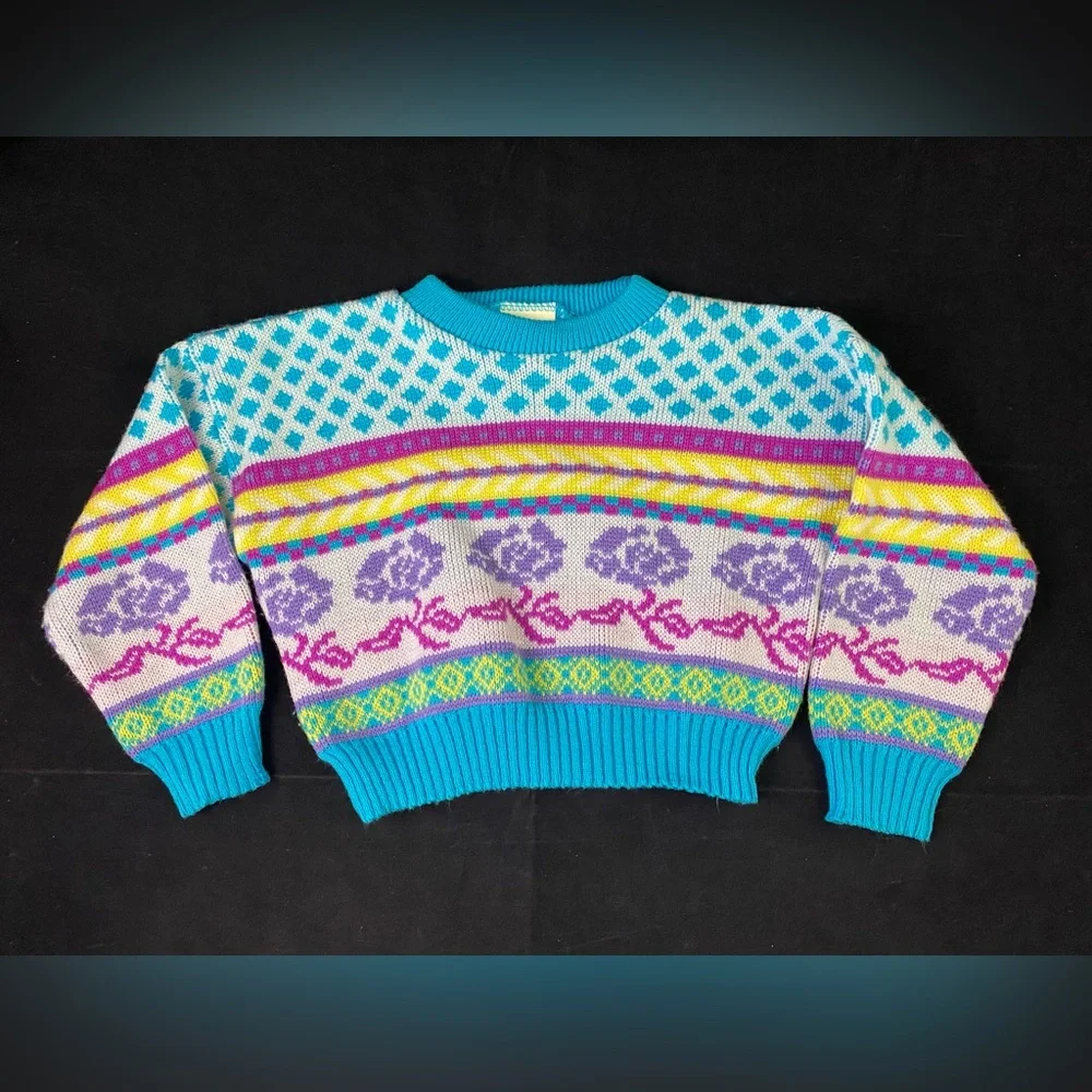VINTAGE Rainbow Connection Sweater Girls Toddler 3T Purple Roses Blue Yellow 80s - Picture 6 of 6